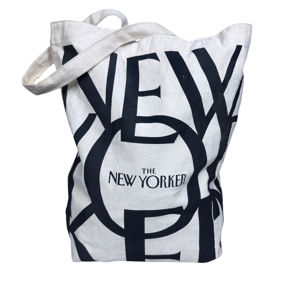 The New Yorker Tote Bag Unisex OS Cream Black Canvas Logo Print Book Bag Shopper